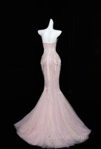 Pink Mermaid Strapless Tulle Diamond Long Evening Prom Dress Sweet Wedding Dress Formal Dress