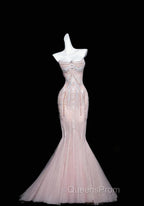Pink Mermaid Strapless Tulle Diamond Long Evening Prom Dress Sweet Wedding Dress Formal Dress