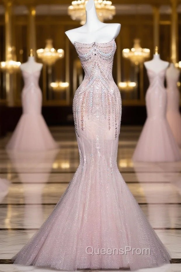 Pink Mermaid Strapless Tulle Diamond Long Evening Prom Dress Sweet Wedding Dress Formal Dress Main image