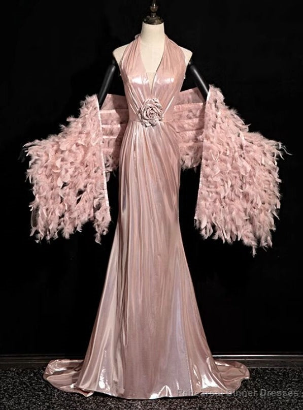Pink Mermaid V-neck Pleats Flower Prom Dress Main image