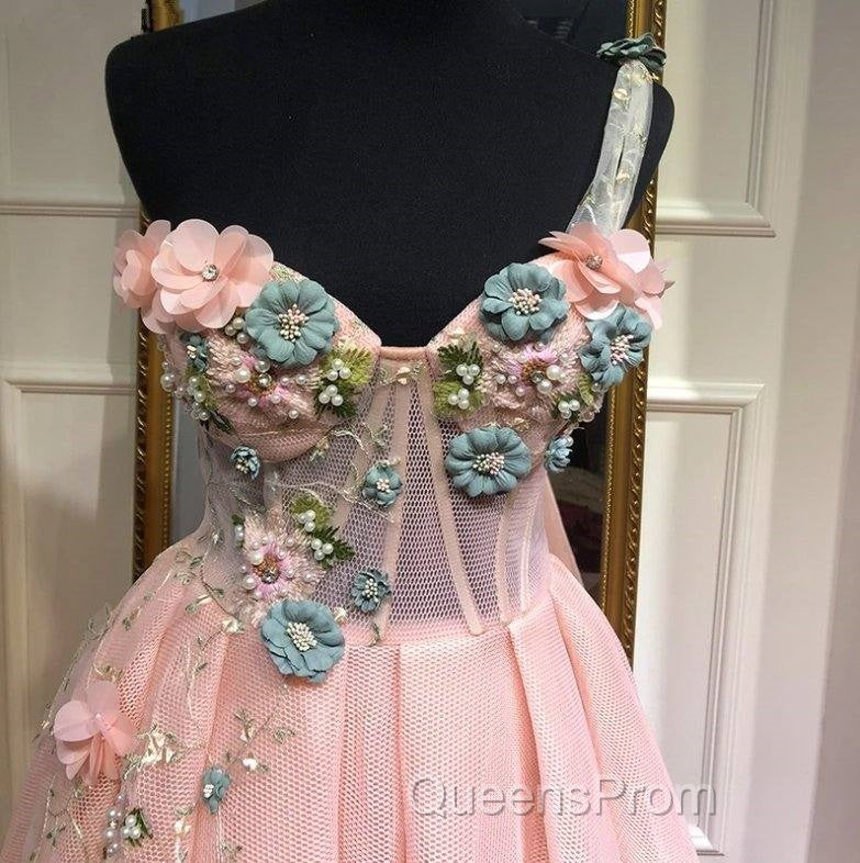 Pink Muslim Evening Dress A-Line One-Shoulder Tulle Pearls Long Islamic Dubai Saudi Arabic Long Formal Evening Gown