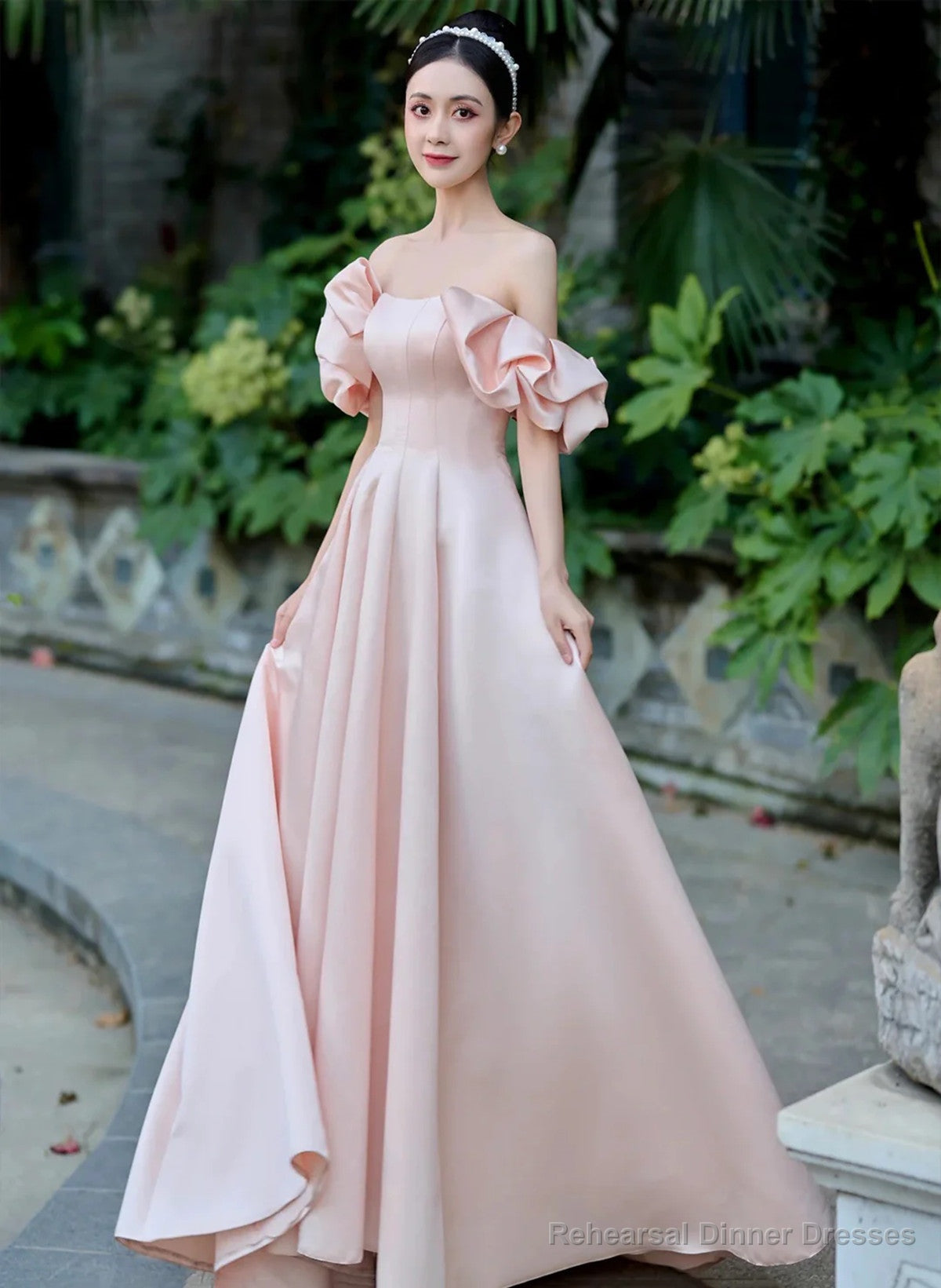 Pink Off Shoulder A-line Satin Long Party Dress, Pink Prom Dress Evening Dress Main image