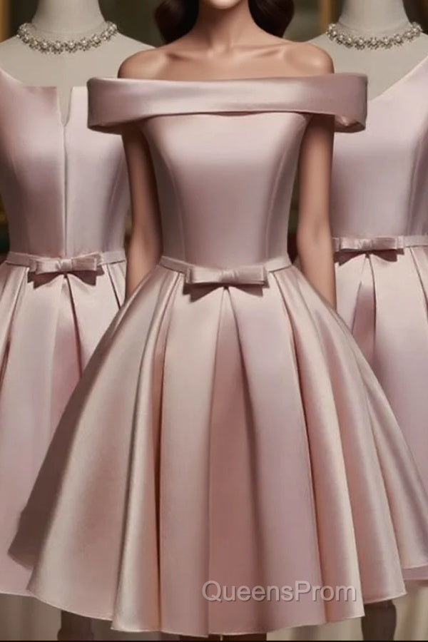 Pink Off Shoulder Homecoming Dress, Pink Party Dress , Cute Satin Dress Main image