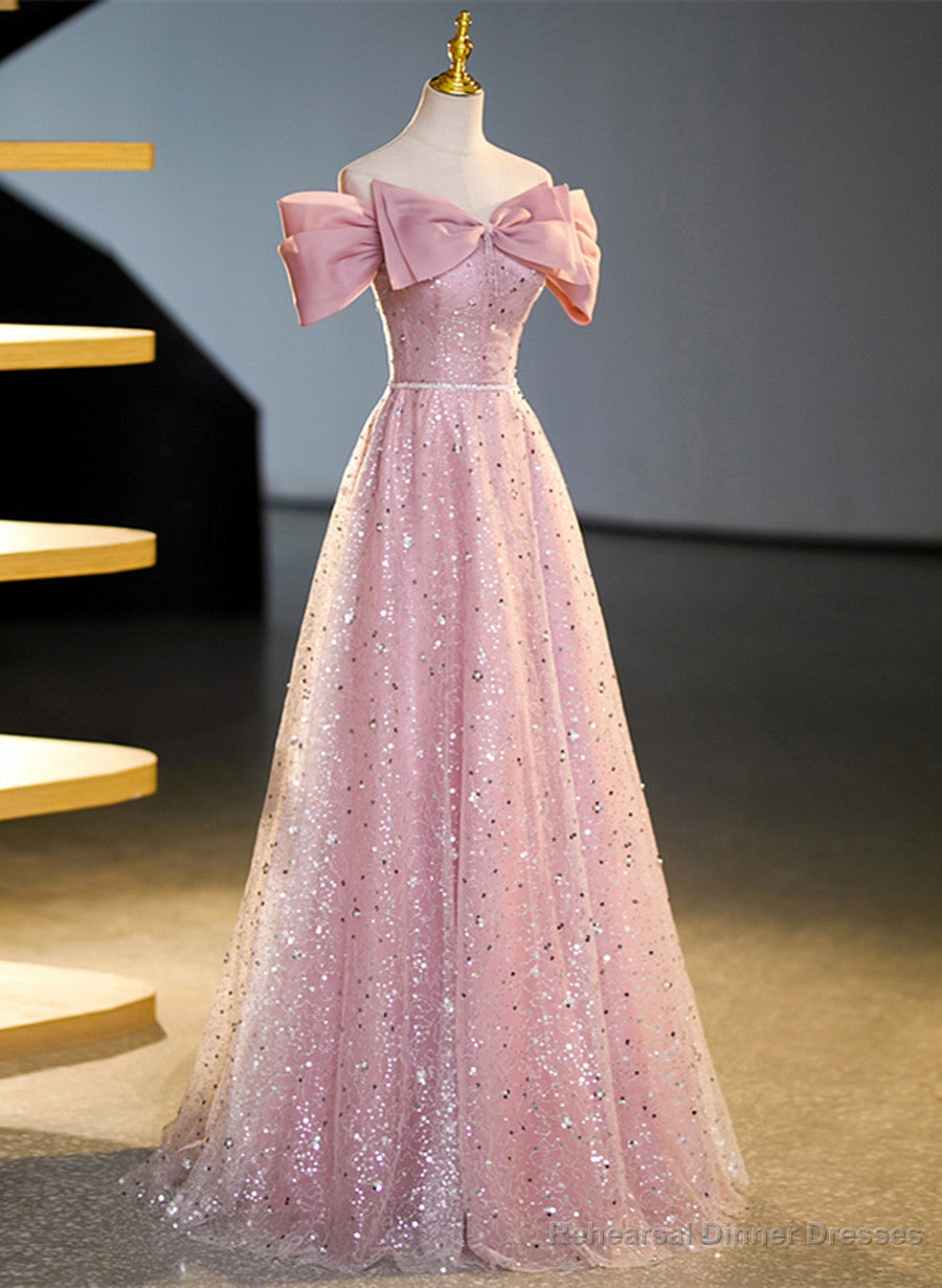 Pink Off Shoulder Shiny Tulle A-line Long Party Dress, Pink Tulle Formal Dress Main image