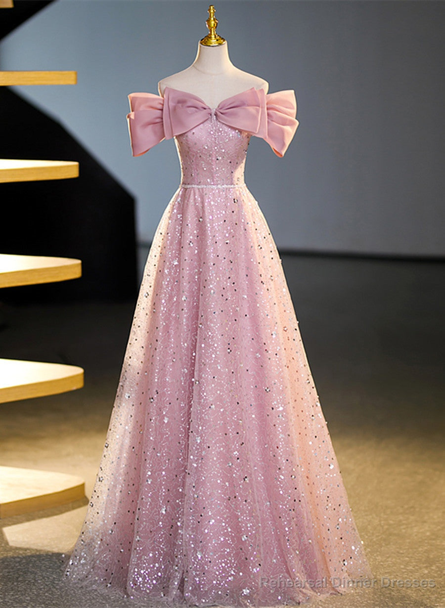 Pink Off Shoulder Shiny Tulle A-line Long Party Dress, Pink Tulle Formal Dress Secondary image