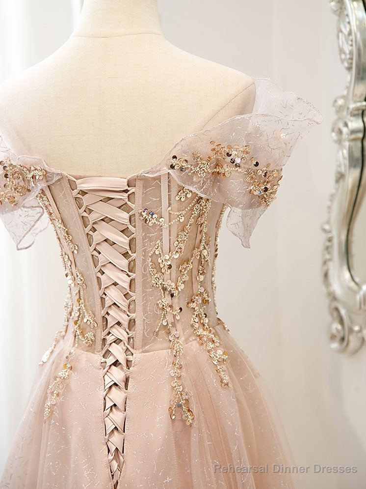 Pink Off Shoulder Shiny Tulle with Beaded and Lace Prom Dress, Pink Formal Dresses