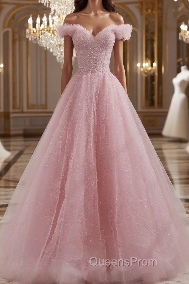 Pink off shoulder tulle sequin long Evening Prom Dress, pink formal Dress