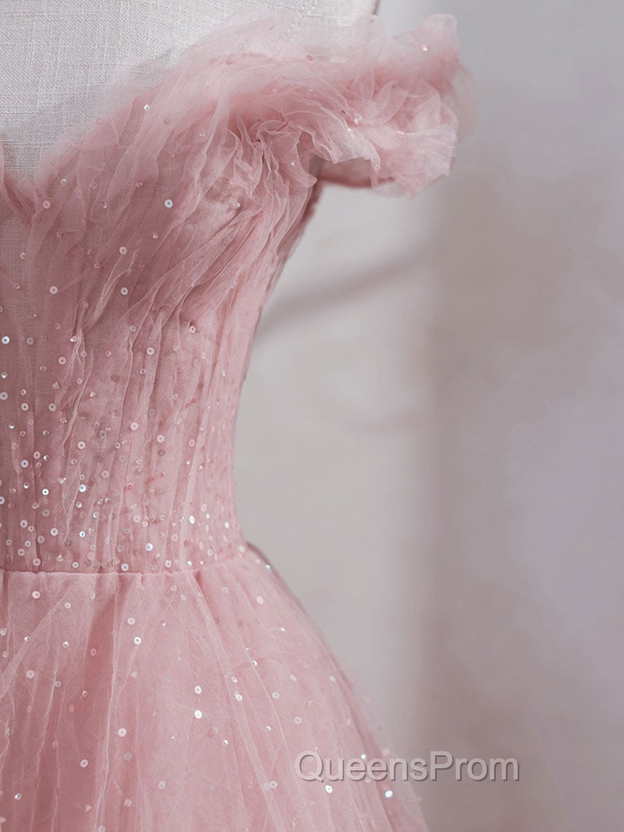 Pink off shoulder tulle sequin long Evening Prom Dress, pink formal Dress Secondary image