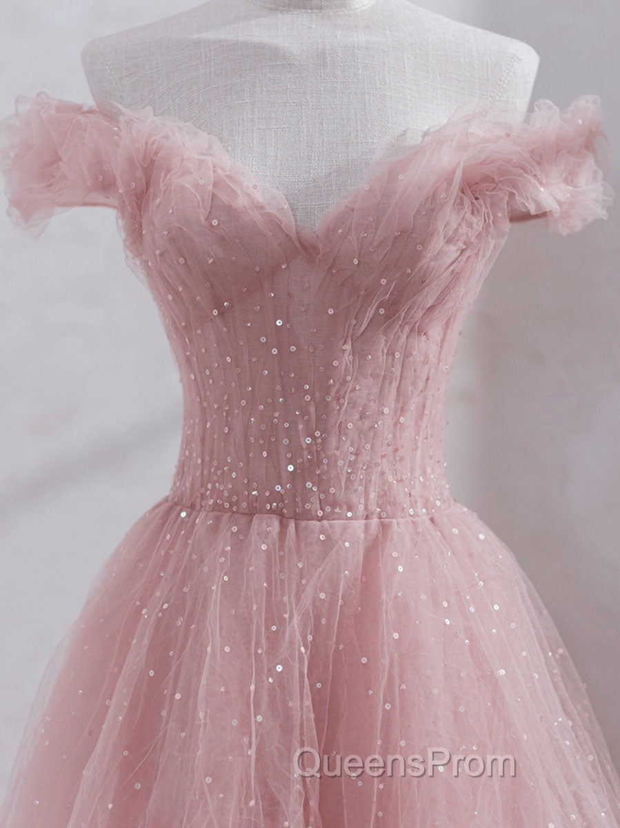 Pink off shoulder tulle sequin long Evening Prom Dress, pink formal Dress