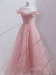 Pink Off Shoulder Tulle Tea Length Evening Prom Dress, Pink Tulle Evening Dress