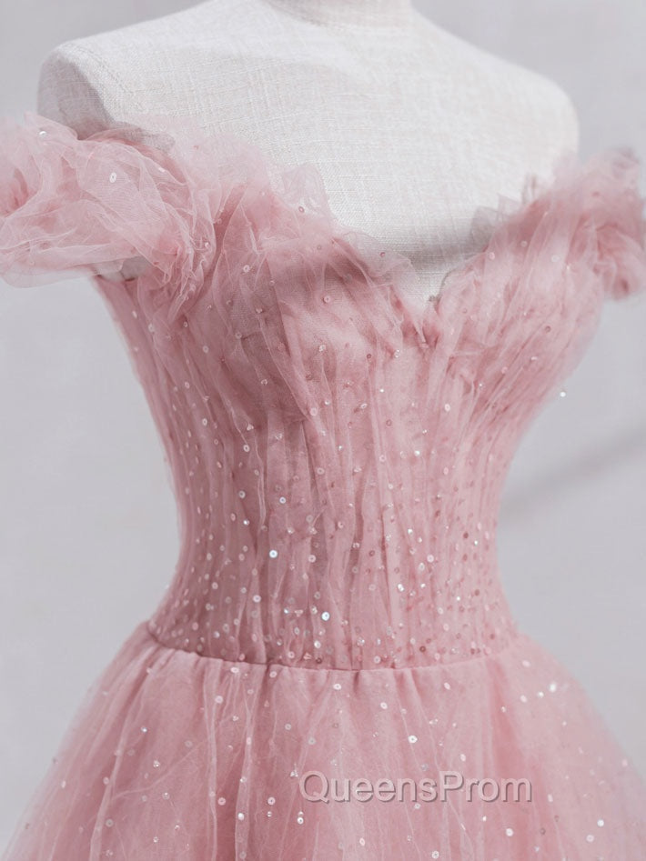 Pink Off Shoulder Tulle Tea Length Evening Prom Dress, Pink Tulle Evening Dress