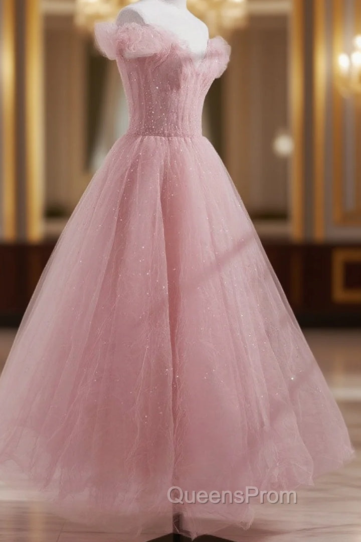 Pink Off Shoulder Tulle Tea Length Evening Prom Dress, Pink Tulle Evening Dress Main image