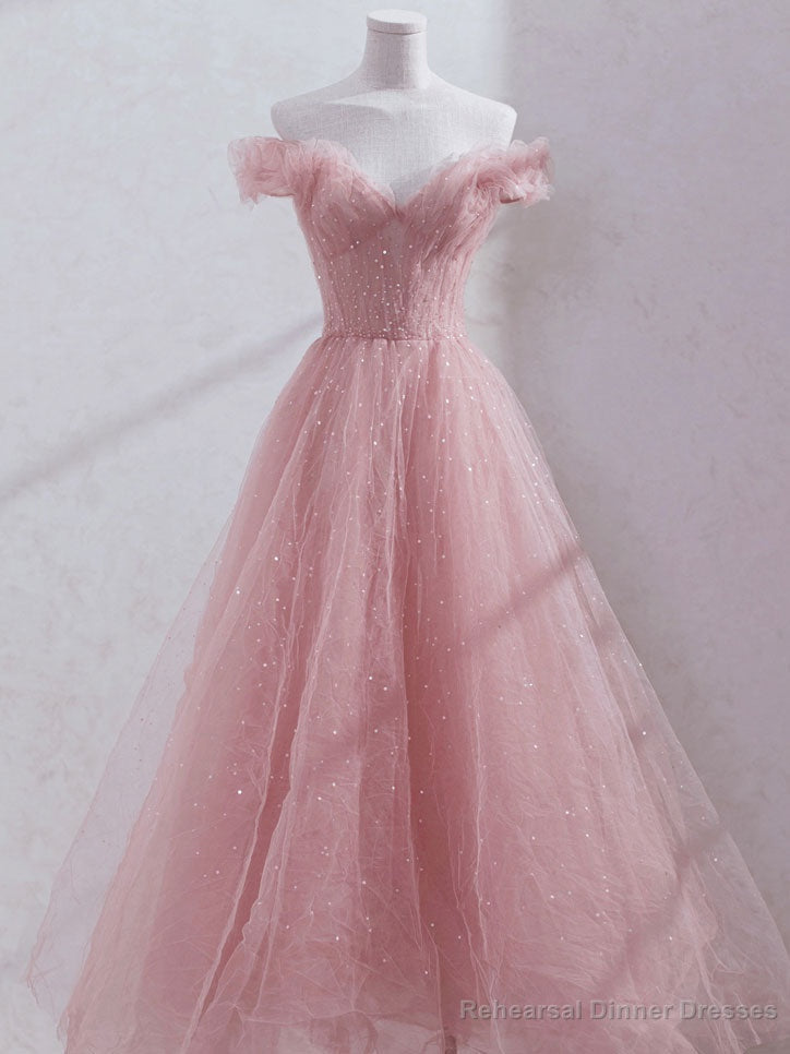 Pink Off Shoulder Tulle Tea Length Prom Dress,Pink Tulle Wedding Party Dresses Main image
