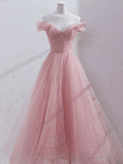 Pink Off Shoulder Tulle Tea Length Prom Dress,Pink Tulle Wedding Party Dresses