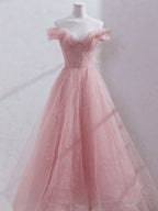 Pink Off Shoulder Tulle Tea Length Prom Dress, Tulle Formal Dress
