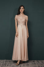 Off The Shoulder Charming Long Chiffon Prom Dresses With Appliques