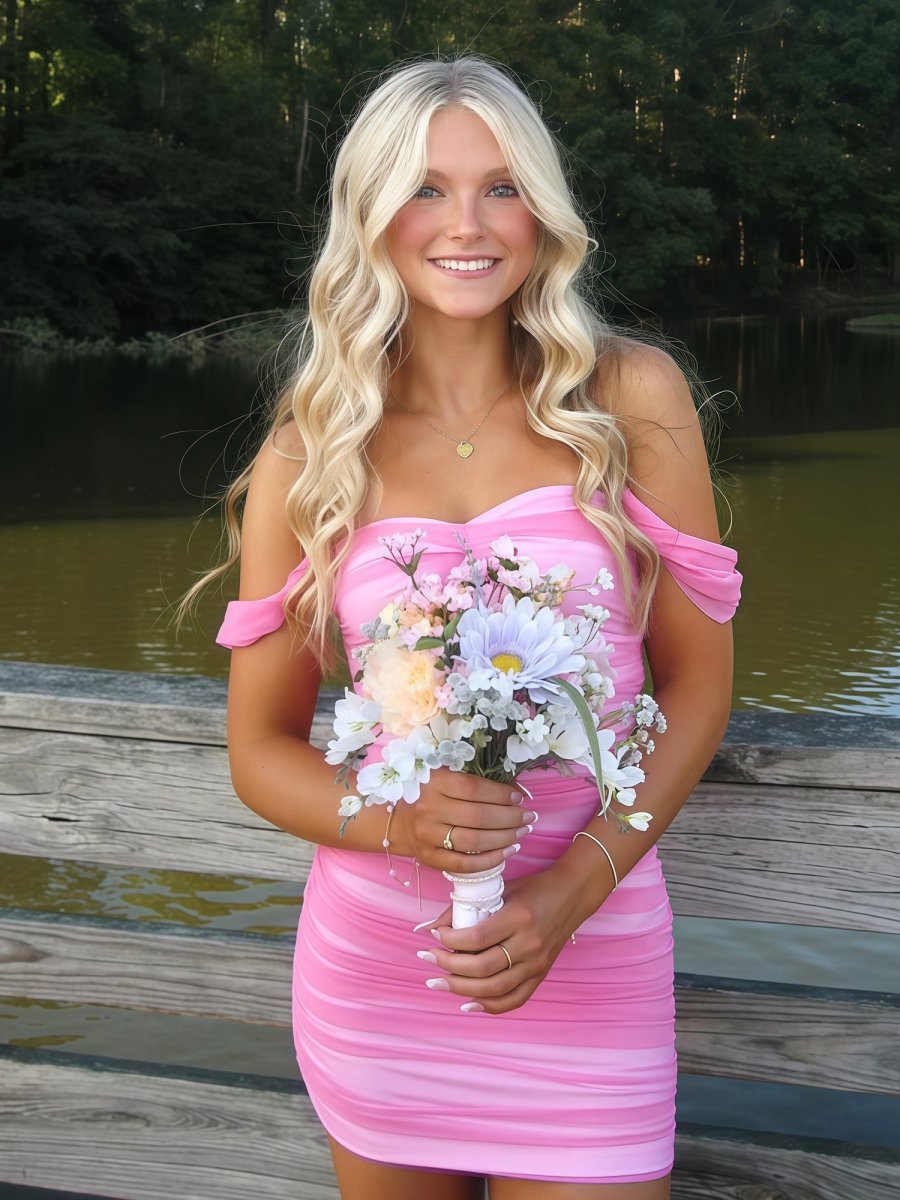 Pink Off The Shoulder Tulle Homecoming Dress Short Cocktail Dresses Main image