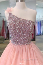 Pink One Shoulder Beads Long Evening Prom Dress Pink Evening Dress