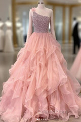 Pink One Shoulder Beads Long Evening Prom Dress Pink Evening Dress