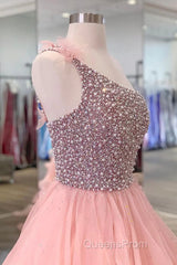Pink Evening Prom Dress A Line One Shoulder Long Party Evening Dress with Beading Ruffles