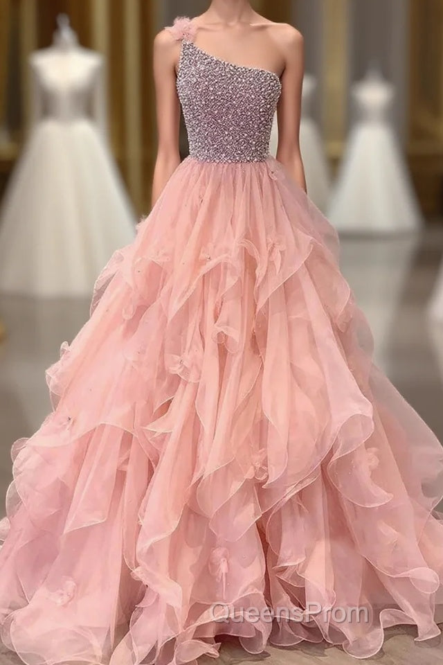 Pink Evening Prom Dress A Line One Shoulder Long Party Evening Dress with Beading Ruffles Main image