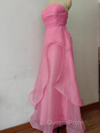 Pink Evening Prom Dress Tulle Evening Gown Strapless Ruffles A-line Simple Evening Prom Dress For Teens