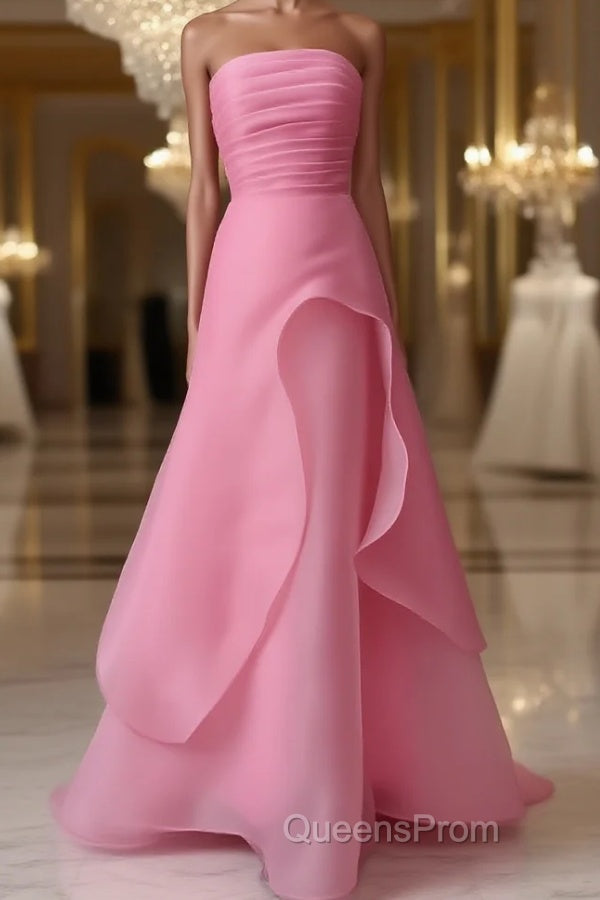 Pink Evening Prom Dress Tulle Evening Gown Strapless Ruffles A-line Simple Evening Prom Dress For Teens Main image