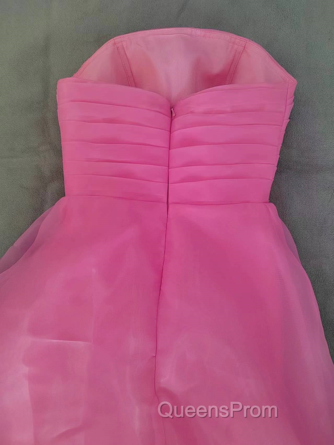 Pink Evening Prom Dress Tulle Evening Gown Strapless Ruffles A-line Simple Evening Prom Dress For Teens