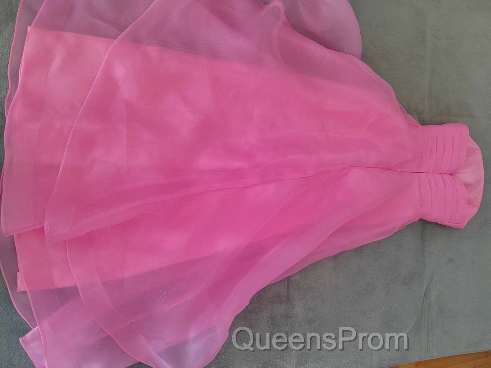 Pink Evening Prom Dress Tulle Evening Gown Strapless Ruffles A-line Simple Evening Prom Dress For Teens