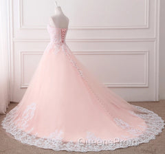 Pink Puffy Ball Gown Princess Sweetheart Tulle Formal Dress With White Lace Evening Prom Dress