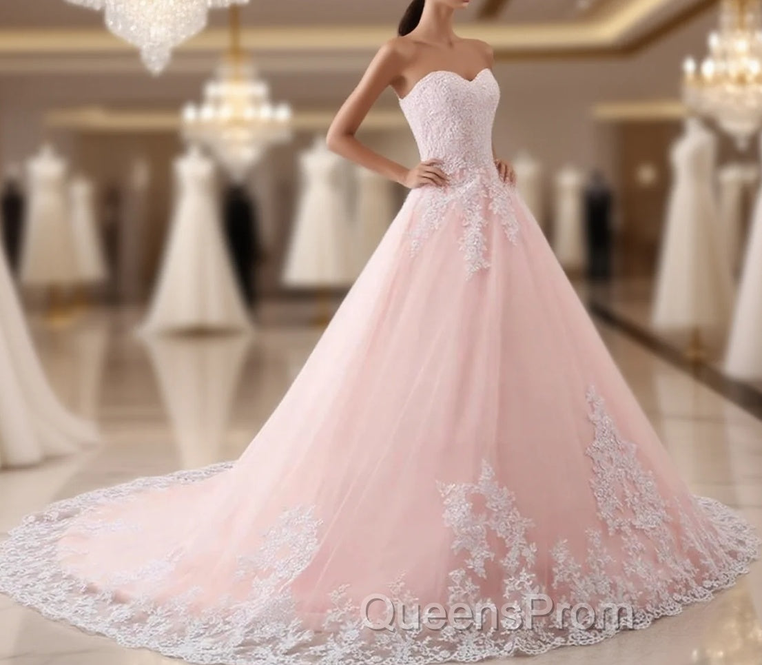 Pink Puffy Ball Gown Princess Sweetheart Tulle Formal Dress With White Lace Evening Prom Dress Main image