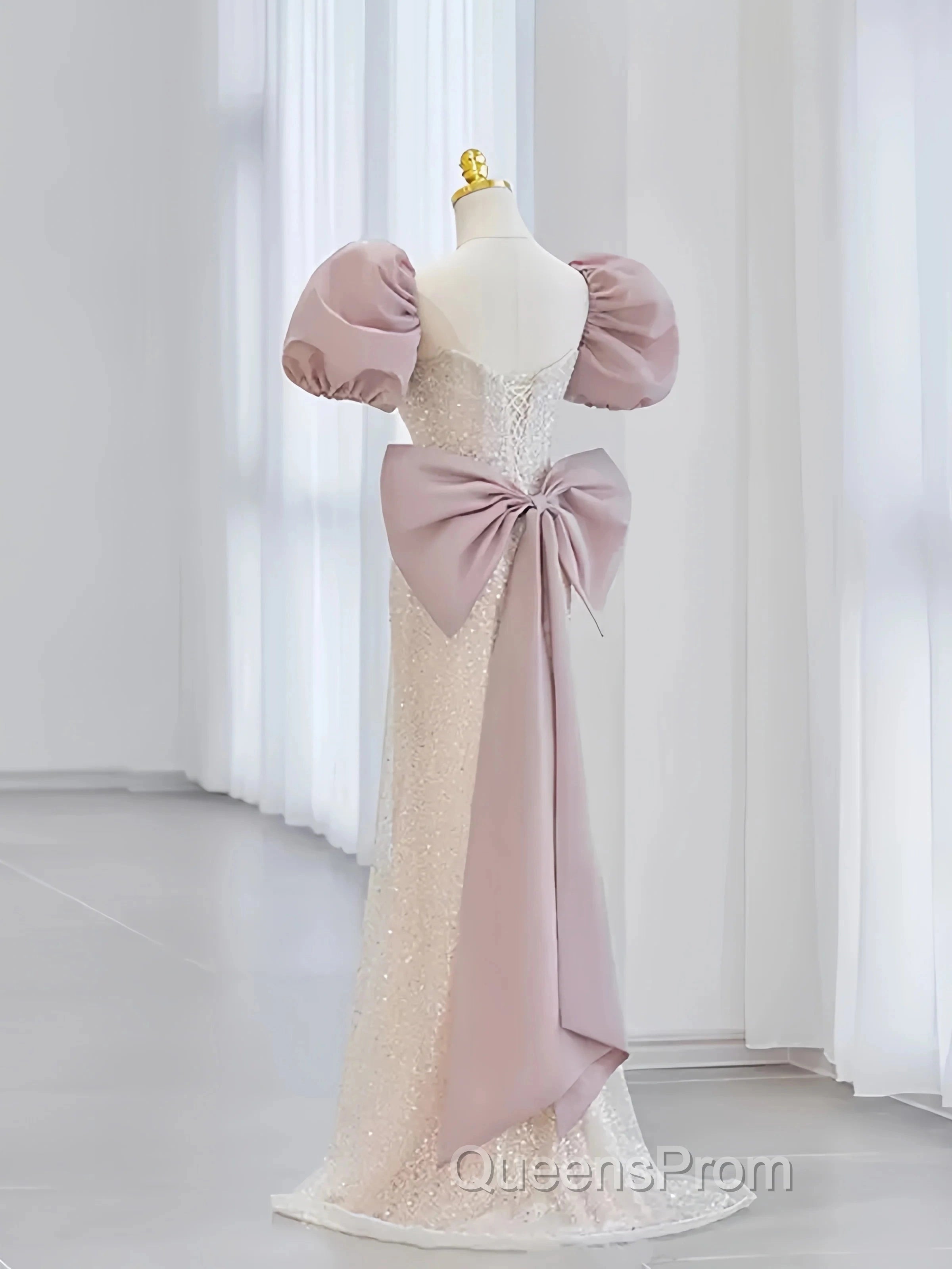 Pink Puffy Sleeves Trumpet Mermaid Sequin Evening Prom Dress