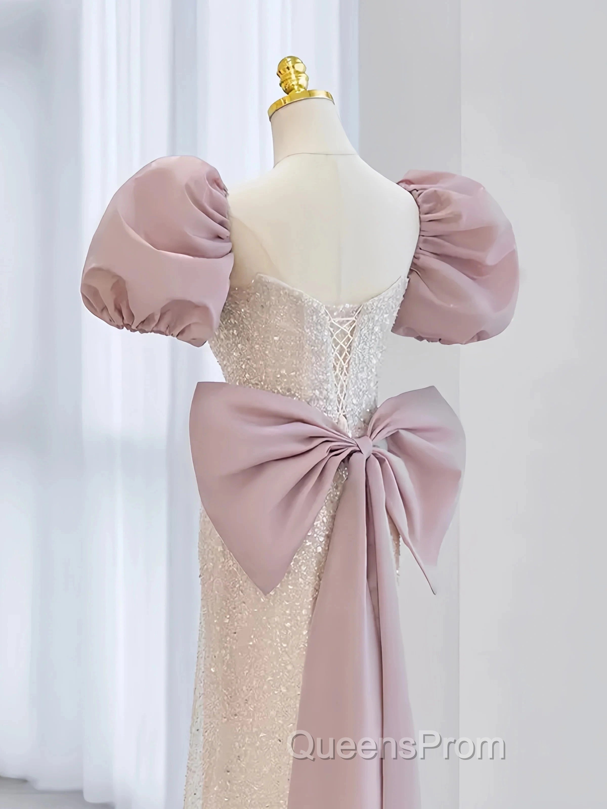 Pink Puffy Sleeves Trumpet Mermaid Sequin Evening Prom Dress