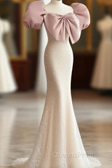 Pink Puffy Sleeves Trumpet Mermaid Sequin Evening Prom Dress