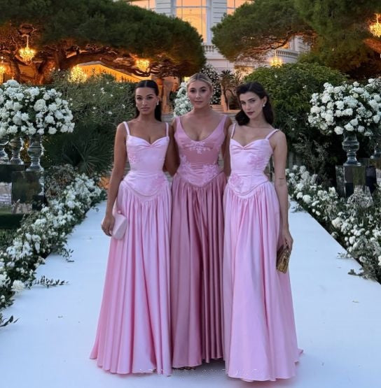 Pink Retro Elegant A-Line Spaghetti Strap Satin Long Classy Evening Dress Birthday Party Dress Bridesmaid Dress