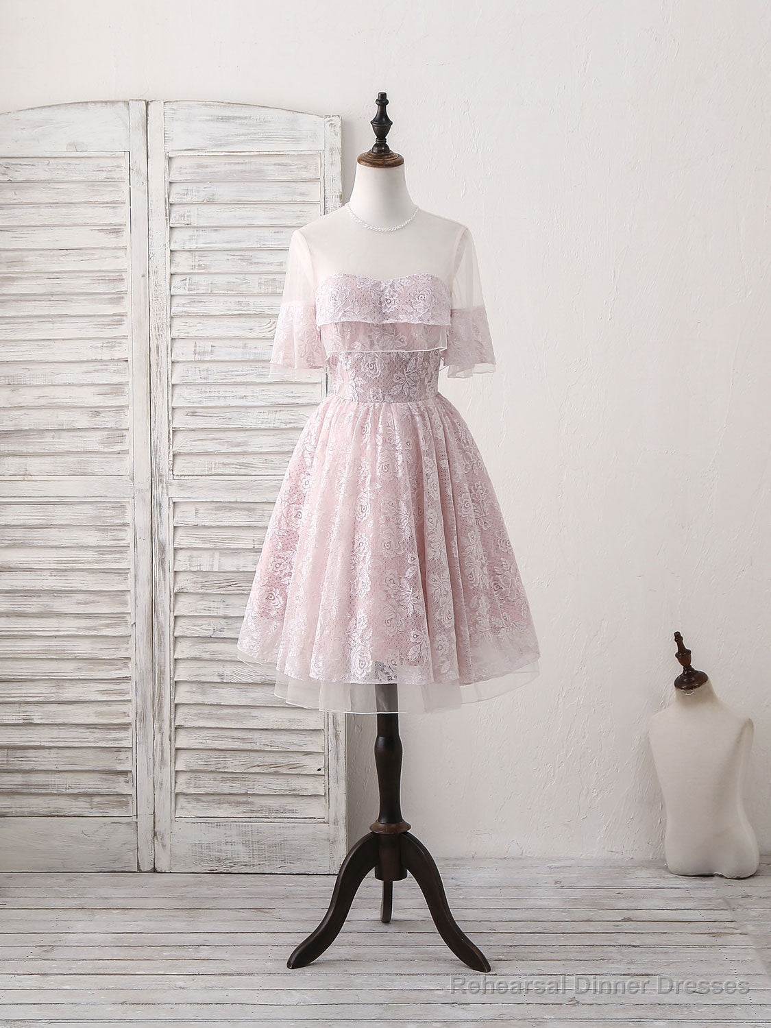Pink Round Neck Lace Tulle Short Prom Dress, Pink Homecoming Dress Main image