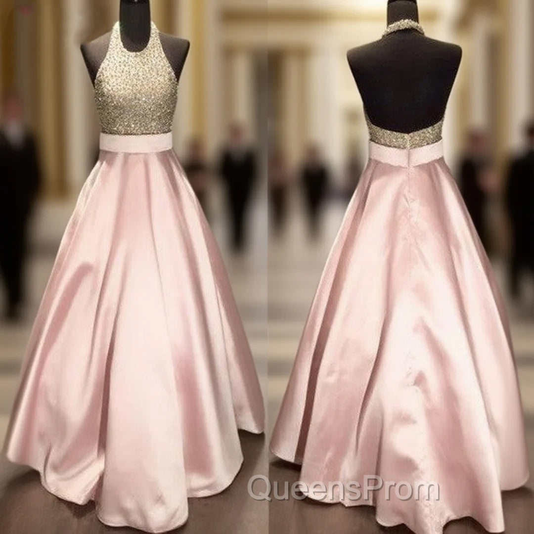 Pink Round Neck Sequin Long Evening Prom Gown, Pink Evening Dress For Teens Main image