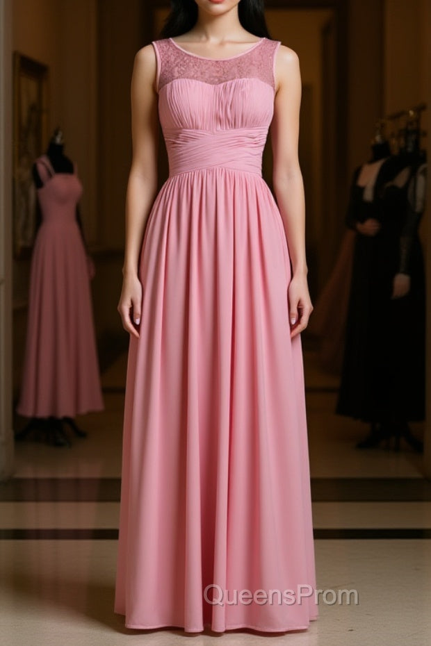 Pink round neck tulle lace long Evening Prom Dress, pink lace bridesmaid Dress Main image