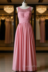 Pink round neck tulle lace long Evening Prom Dress, pink lace bridesmaid Dress