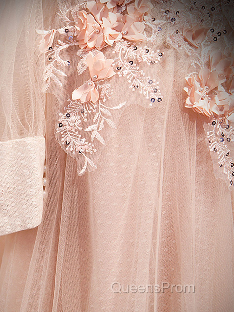 Pink round neck tulle lace long Evening Prom Dress, pink lace bridesmaid Dress