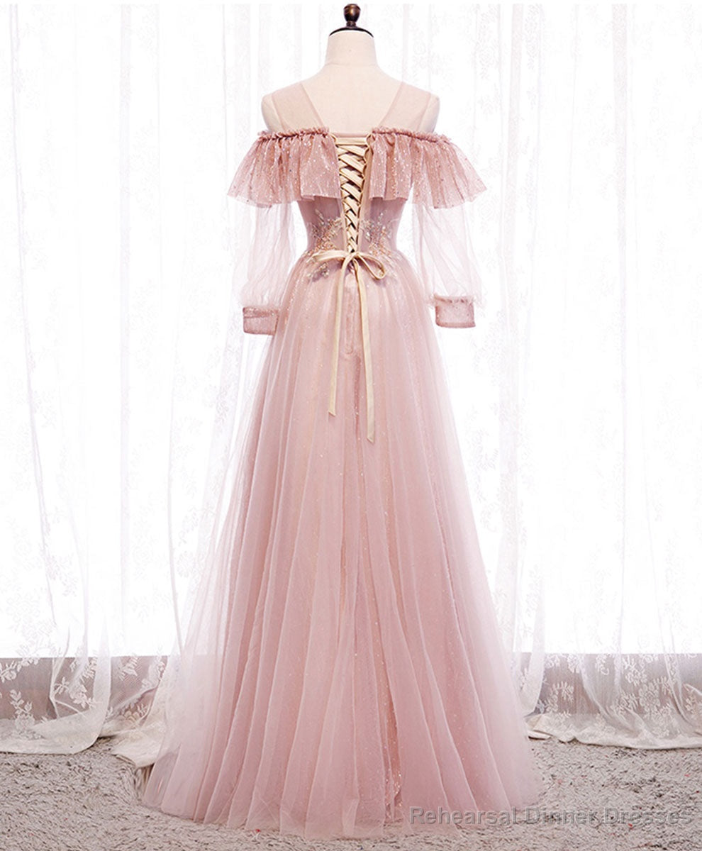 Pink Round Neck Tulle Lace Long Prom Dress Pink Lace Evening Dress Secondary image