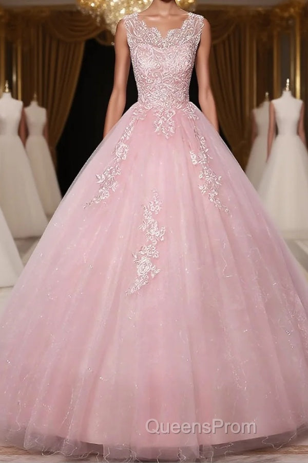 Pink round neck tulle lace long Evening Prom Dress pink tulle formal Dress Main image