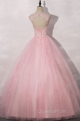 Pink round neck tulle lace long Evening Prom Dress pink tulle formal Dress