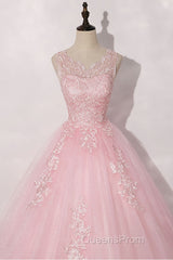 Pink round neck tulle lace long Evening Prom Dress pink tulle formal Dress