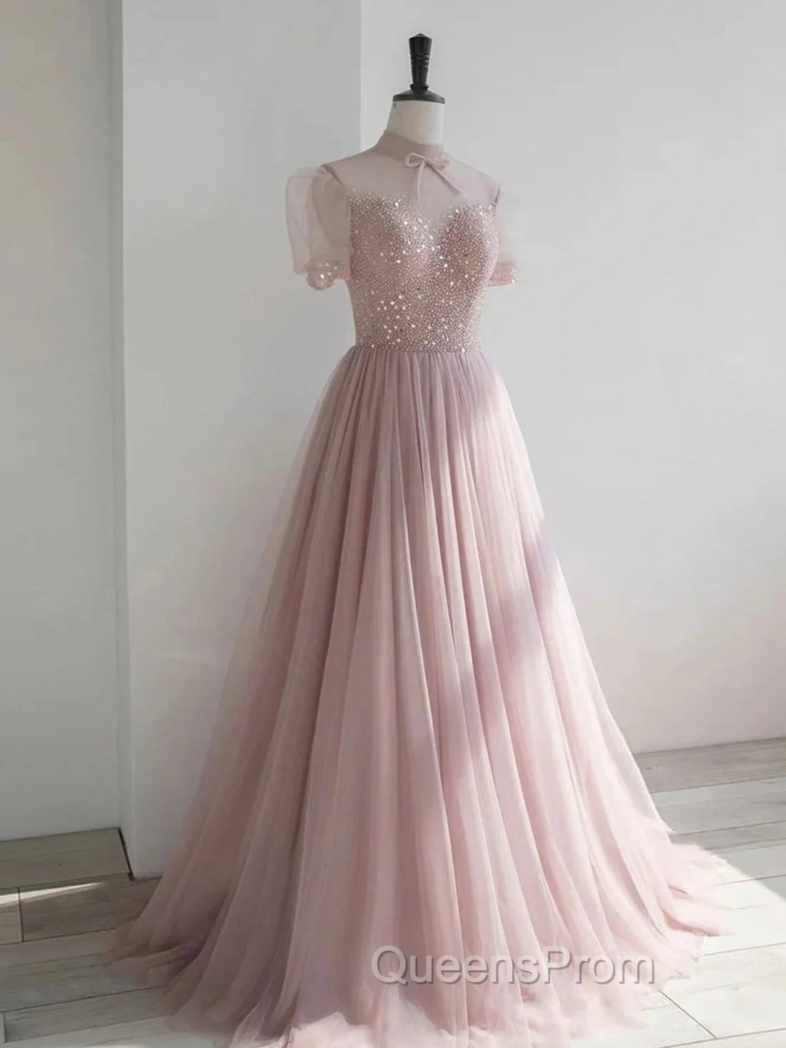 Pink Round Neck Tulle Sequin Long Evening Prom Dress Formal Dress Short Sleeves December Wedding Guest Dress Secondary image