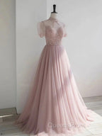 Pink Round Neck Tulle Sequin Long Evening Prom Dress Formal Dress Short Sleeves December Wedding Guest Dress