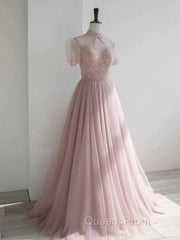 Pink Round Neck Tulle Sequin Long Evening Prom Dress Formal Dress Short Sleeves December Wedding Guest Dress