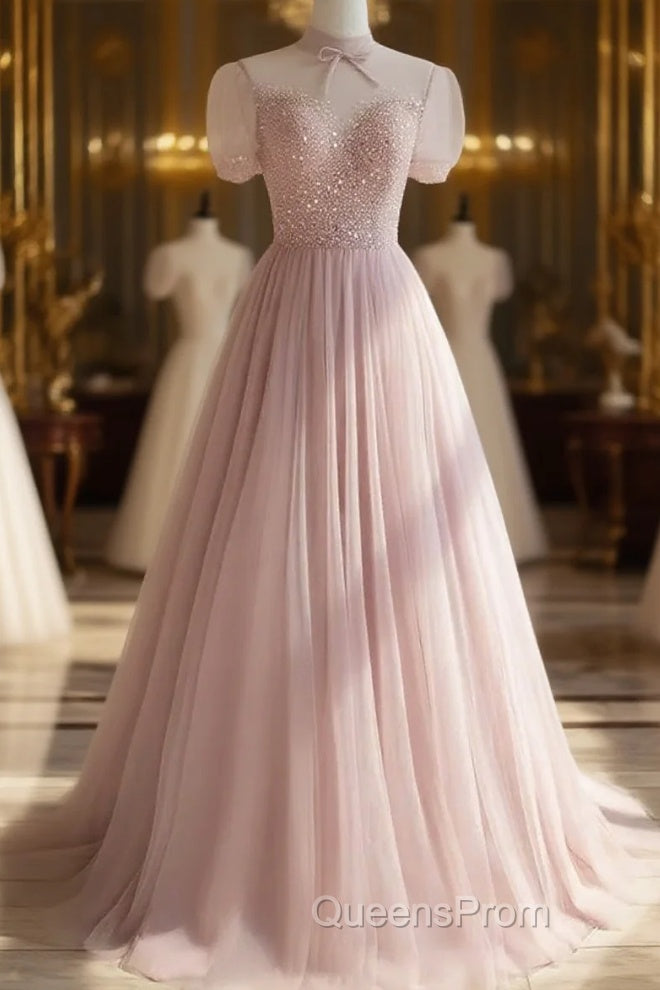 Pink Round Neck Tulle Sequin Long Evening Prom Dress Formal Dress Short Sleeves December Wedding Guest Dress Main image