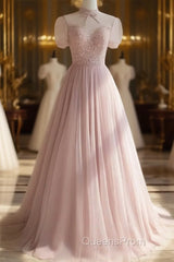 Pink Round Neck Tulle Sequin Long Evening Prom Dress Formal Dress Short Sleeves December Wedding Guest Dress
