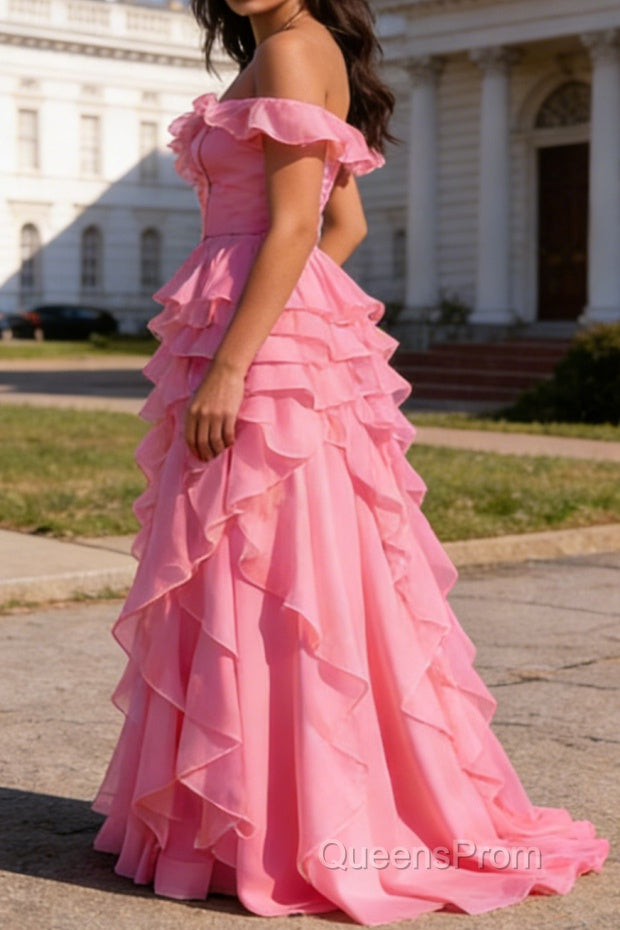 Pink Ruffled A-Line Square Neck Long Prom Dress